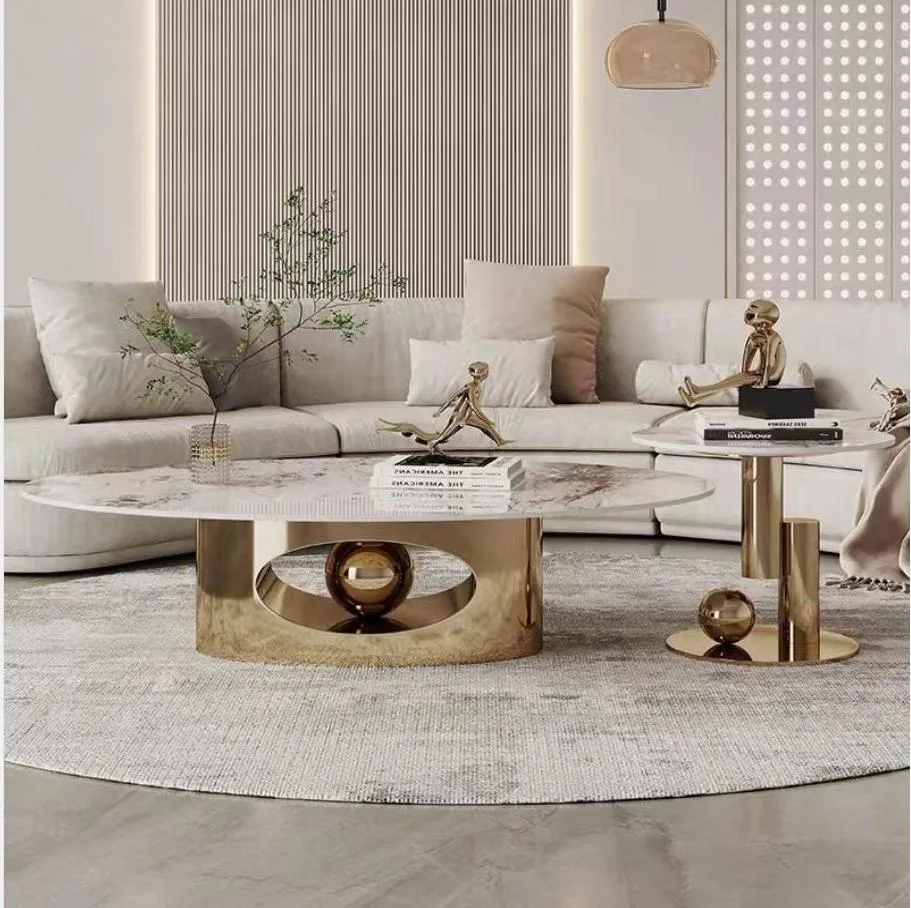 Sintered Stone Coffee Table Marble Modern Gold Stainless Steel for Living Room