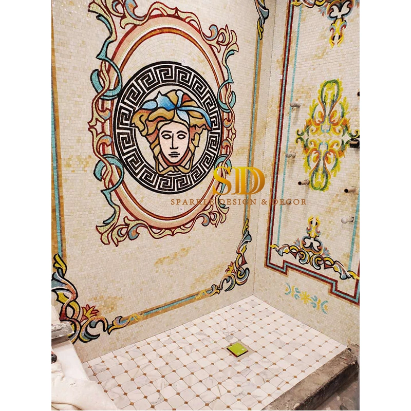 Classic Versace Design Stained Glass Mosaic Pattern Art Work for Bathroom Wall Decor